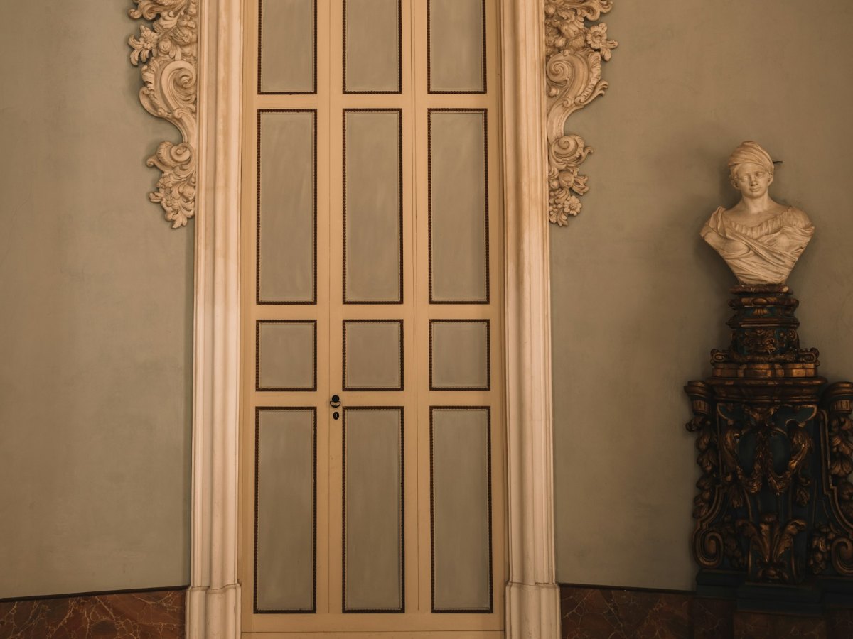 Classical French chateau door with carved pediment and paneled leaf