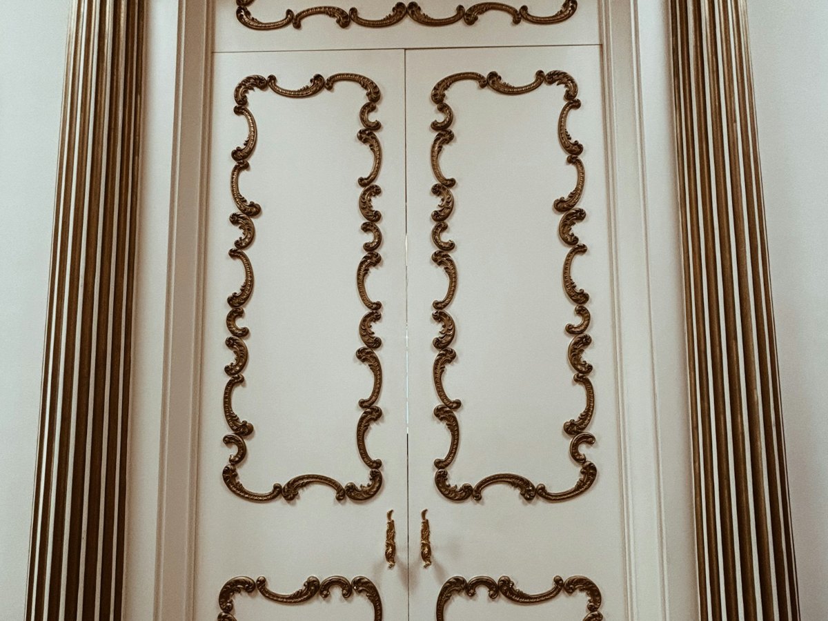 Classical French double door with carved molding profiles