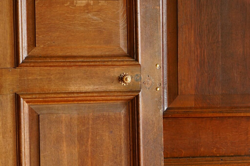 Raised-panel wood door leaf, French joinery detail