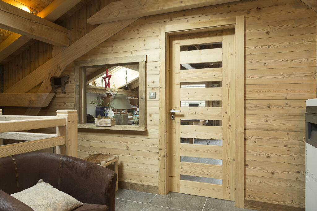 Mountain chalet interior with solid wood doors